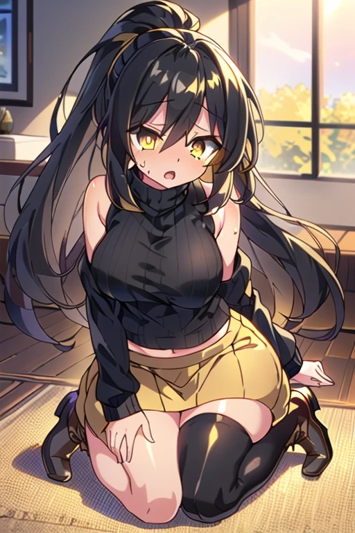 (multicolor black hair and gold stripe wild long hair with volume and high messy ponytail), (black hair: 1.3), (gold hair: 1.2), (black shoulder less sweater: 1.5), (black thigh high stockings: 1.3), (light brown leather boots), (yellow long skirt: 1.3), (divine), (voluptuous), (goddess), (midriff, navel), (athletic body), (slim thighs), (thin waist), (perfect hip), (broad shoulders), (soft saggy supple breasts), (((golden eyes, constricted irises, shrunken pupil, cross eyed, wide open eyes, large eyes))), (masterpiece), (sweaty), (highly detailed), (sleeping sideways with arms crossed on floor), (((surprised expression: 1.2))), (view from front), (full body view), (((tanned skin))), (solo female)