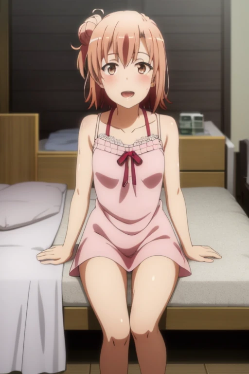 ((highest quality)), ((masterpiece)), (be familiar with), Perfect Face, indoor, Bedroom, Watching the audience,
One woman, Yuigahama Yui,
Open Mouth, Ecstatic expression, blush, smile,
Small breasts, Flat Chest, Young Girl, , , Girl,
Short Hair, Salmon-colored hair, Salmon-colored eyes, Side Pony,
Leg spread,