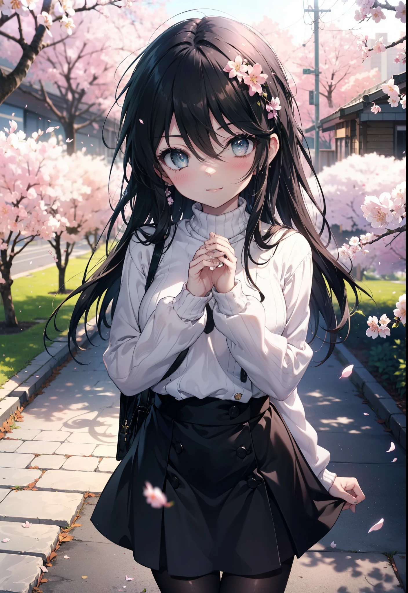 Shana,灼眼のShana,Long Hair,Black Hair, (black eye:1.5) Small breasts,smile,blush,White Sweater,Long skirt,Black pantyhose,Mini Boots,Cherry blossom tree-lined path,Cherry blossoms are blooming,Cherry blossoms are scattered,morning,morning陽,The sun is rising,Looking down from above,
break looking at viewer, (Cowboy Shot:1. 5)
break outdoors, garden,
break (masterpiece:1.2), highest quality, High resolution, unity 8k wallpaper, (figure:0.8), (Detailed and beautiful eyes:1.6), Highly detailed face, Perfect lighting, Extremely detailed CG, (Perfect hands, Perfect Anatomy),