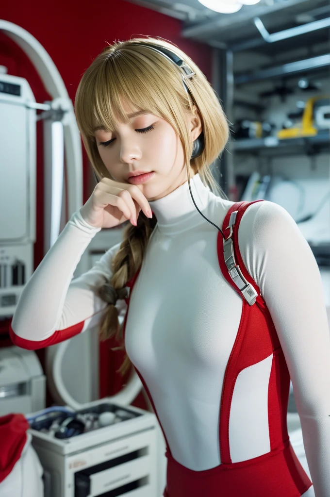 (俯瞰figure),Dynamic Angle,Very detailed, figure, close, Straight, One girl, 
 ((Soryu Asuka Langley, Interface Headset, Red bodysuit:1.4, blonde)),Her eyes shone like dream-like stars,(Glowing Eyes:1.233),(Beautiful and detailed:1.1),(Expressionless,Mouth closed),(Are standing), 
(In a white spaceship、Mechanic room with tools and spaceship window),
(night:1.2),dream-like, [[Delicate fingers and hands:0.55]::0.85],(Finger details),