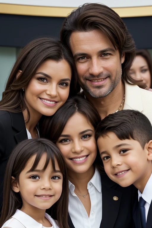 A 40-year-old man, with brown hair, a black blazer and white blouse and black pants, (in The Presidential Inauguration Ceremony ), taking a selfie with Wife and  kids, olhos verdes, olhos azuis, light smile, light brown hair, (hyperrealistic), light smile, Realism, Canon, Nikon, 85mm, pov, multiple views, first-person view, highres, HD, 4K, best quality, high details, textured