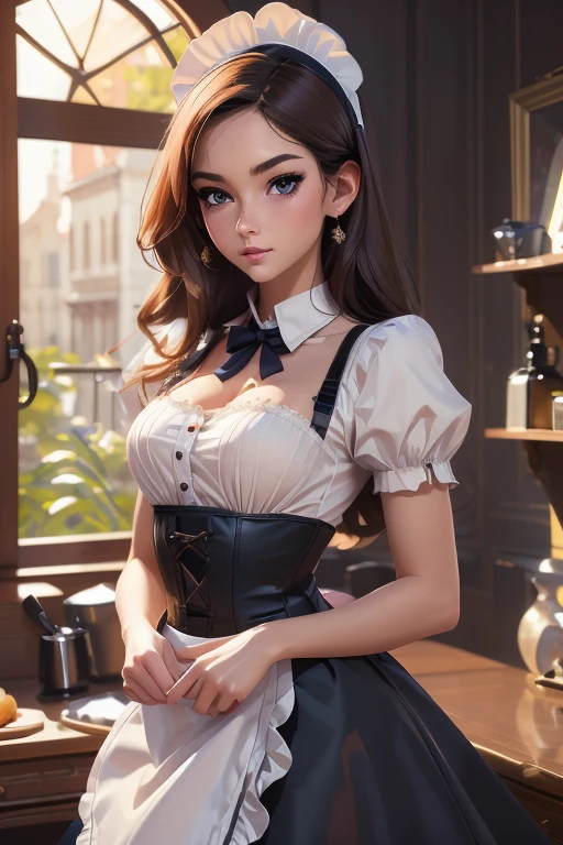 femme, adulte, Seulement, maigre, longs cheveux COLORED, les yeux COLORED, haut noir de femme MAID DENTELLE, pose sexy, (chef-d'artwork), (high quality), (best quality), (detailed), HD, Perfect lighting, detailed face, detailed body, maid LINGERIE,