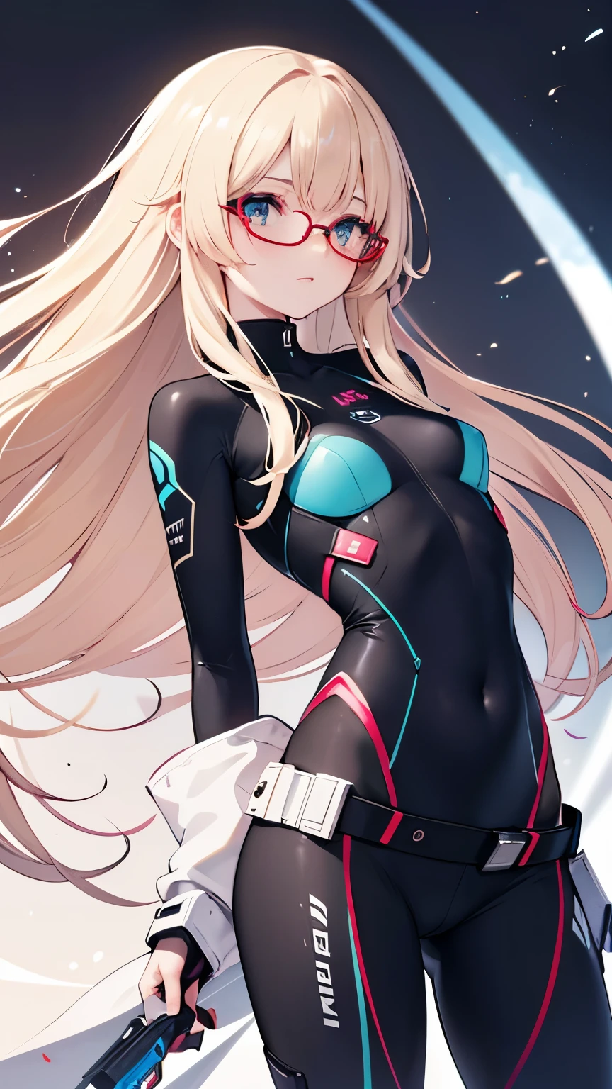 beautiful face, best quality, ultra high resnatural light, shiny skin, detailed skin, detailed face, detailed eyes, beautiful lady, blond hair, straight hair, floating hair, big hair, mole under eye, bespectacled, red frame glasses, A scene from a science fiction movie, a brilliant fantastic background, (a body-hugging green metal suit), thick belt. ((flat chest))