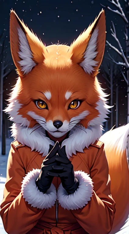 (tmasterpiece), 4k resolution, A highly detailed, portraite of a, (hiquality), evil smile and glowing eyes, Evil grin, trending on artstation pixiv, stunning anime face portrait, detailed digital anime art, digital anime art, 8k wall paper, HDR, 独奏, 1 animal, red fox, 25 years, ((Adult woman)), ((muscular)), pectoral muscles, 独奏, (Furry), ((furry female)), Animal nose, (Fox muzzle), A detailed eye, Very detailed face, Yellow eyes, animal ears, Fox Girl, orange furr, Fox ears, The animal's ear is fluffy, Foxtail, Body fur, open mouth, ((Evil grin)), fangs, (Winter Top), (Winter short skirt ), fur collar, fur-trim, gloves, black gloves, black winter boots, looking a viewer, object \(The Great Red Moon\), Snow-covered forest in the background, Gloomy Forest, night  sky, night time, snowing, Kneeling, (hands on breast), (upper-body), very extremely beautiful