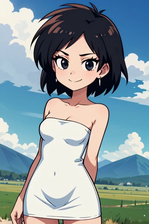 (masterpiece, best quality),   fasha, 1girl, solo, black eyes, black hair, short hair, spiked hair, earrings, black dress, strapless tube dress, bare shoulders, cowboy shot, green valley and mountains, blue skies, seductive smile