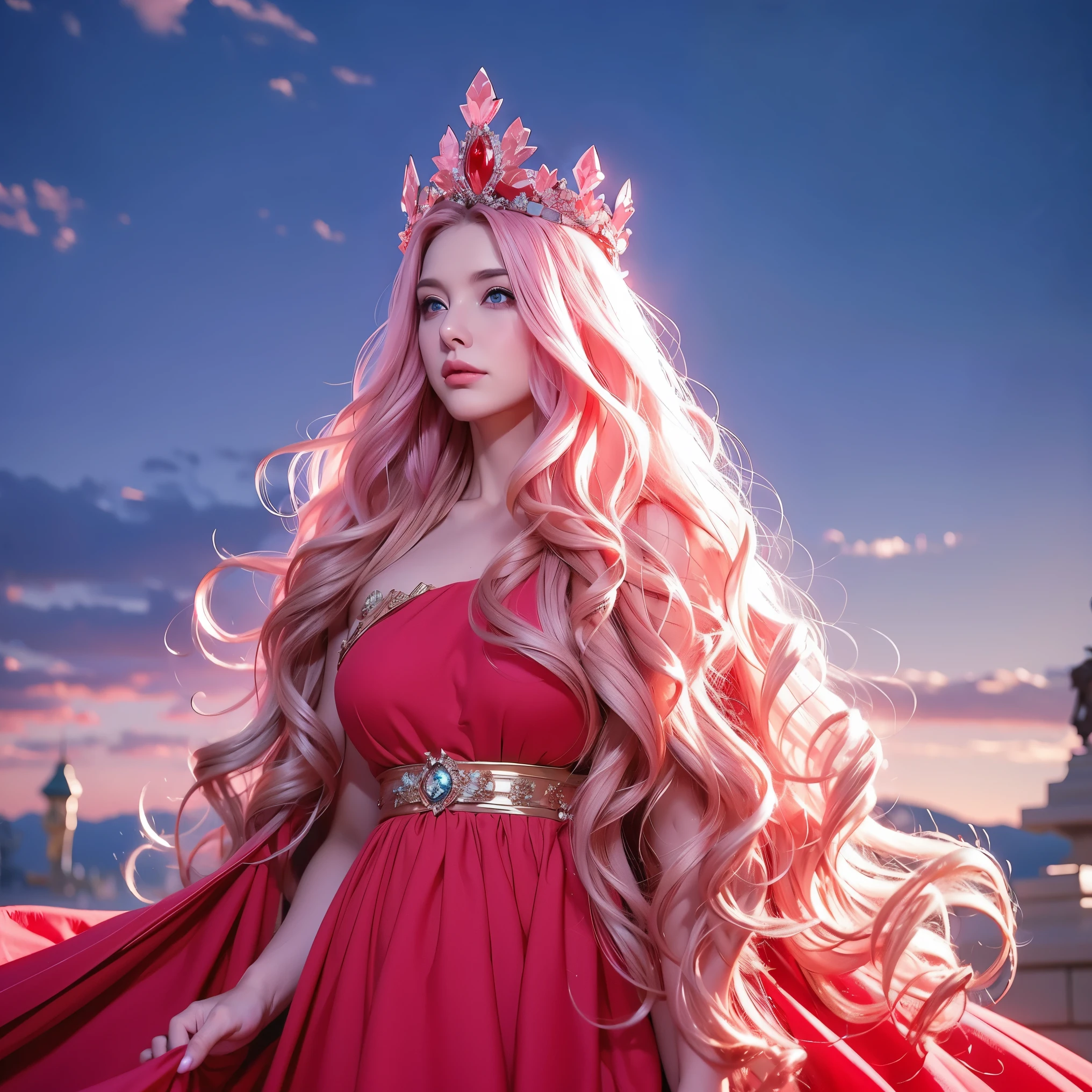 Woman, long wavy hair, pink hair, blue eyes, red dress, queen, crown, elf, red dress, elegant dress