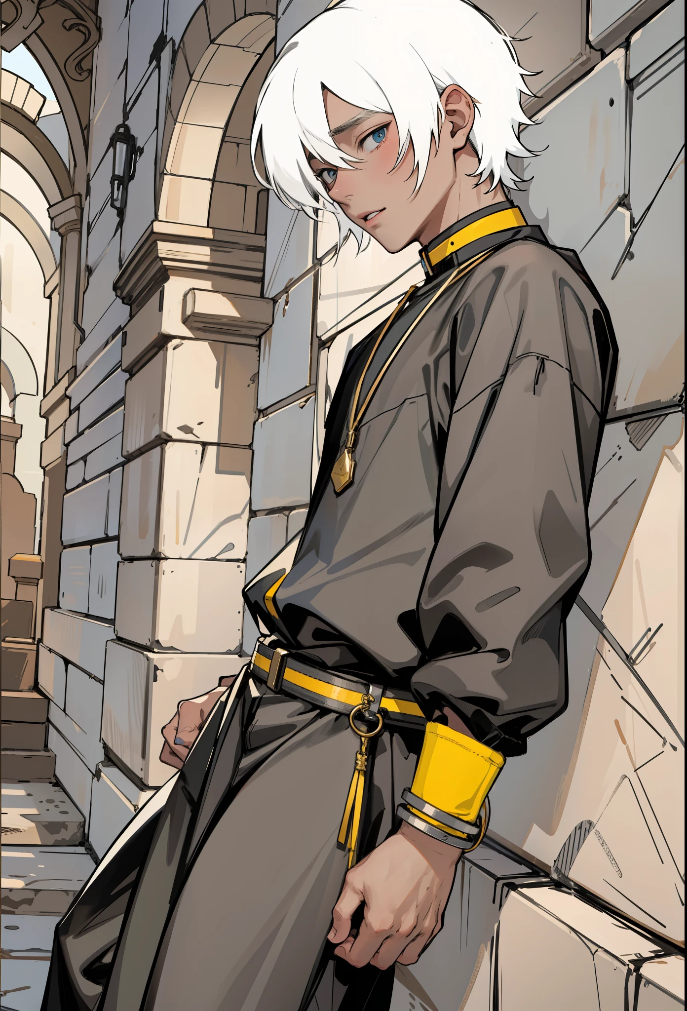 young boy, 18 years old, on his knees and tied with golden ropes