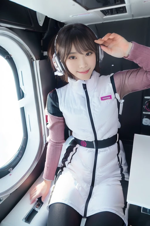((NSFW: 1.4)), (acrobatic pose):10,((Detailed face, Professional photography)), ((NSFW, zettai ryouiki, 1 girl)), Ultra-high resolution, (Realistic: 1.4), RAW Photos, highest quality, (PhotoRealistic Stick), concentrated, Soft Light, ((30 years old)), ((Japanese)), (( (Young Face))), (surface), (Depth of written boundary), masterpiece, (Realistic),(inside ISS):3, woman, ,astrovest:2,headphone:2,smartwatch,,bangs, ((1 girl)),(black sleeves):2,(black tights):2,inside spacestation,inside spacecraft,,zero gravity,smile,open leg,blush:1.5,hidden hands,neotech