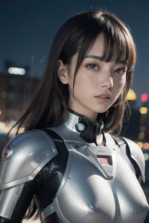 High resolution,Detailed Background, Cinema Lighting, Outdoor,Japan 1 girl,Cute fine face, Medium Hair, Mecha, Bodysuits,