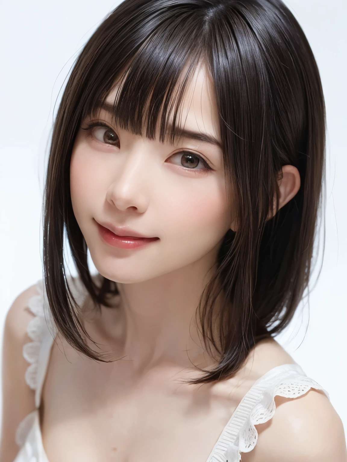 1 girl, alone, Shiny skin, chest, very detaileded, ultra detaileded, Ultra-high resolution, whole body, (Photorealism:1.4), (highest quality), (Best Shadow), Ulzzang-6500, detailed, Perfect lighting, Black Hair, ((Showpiece, highest quality, High precision)), One Girl, (big chest, Realistic: 1.4), (look up at the camera even a little, カメラをlook up, look up, look up at the camera, Looking into the camera))), alone, , White Background, snow-White Background, shut up., smile, pretty Black Hair, short hair:1.6, Big eyes, Transparent double eyelids, eyelash, listen, Long neck, Long neck, Absolute area, ((Face close-up, short hair with bangs)), 19 years old, Attractive proportions, Shiny skin, Beautiful clavicle, Golden ratio face, Perfect Face, Teardrop-shaped mole, chestのほくろ, bangs, clean bangs, beautiful bangs, Lip gloss, Thin lips, White skin, I took off my clothes, big chest, Small face, Small face, 少し上を向いてLooking into the camera, ((smile a little for the camera, really nothing pure White Background, Listen carefully、very big big chest, big chest、Dynamic Angle))