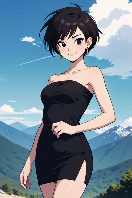 (masterpiece, best quality), 1girl, fasha, 1girl, solo, black eyes, black hair, short hair, spiked hair, earrings, black dress, strapless tube dress, bare shoulders, cowboy shot, green valley and mountains, blue skies, seductive smile