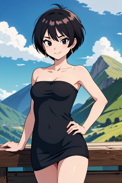 (masterpiece, best quality), 1girl, fasha, 1girl, solo, black eyes, black hair, short hair, spiked hair, earrings, black dress, strapless tube dress, bare shoulders, cowboy shot, green valley and mountains, blue skies, seductive smile