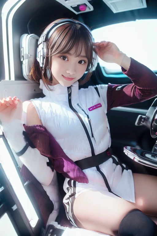 ((NSFW: 1.4)), (acrobatic pose):10,((Detailed face, Professional photography)), ((NSFW, zettai ryouiki, 1 girl)), Ultra-high resolution, (Realistic: 1.4), RAW Photos, highest quality, (PhotoRealistic Stick), concentrated, Soft Light, ((30 years old)), ((Japanese)), (( (Young Face))), (surface), (Depth of written boundary), masterpiece, (Realistic),(inside ISS):3, woman, ,astrovest:2,headphone:2,smartwatch,,bangs, ((1 girl)),(black sleeves):2,(black tights):2,inside spacestation,inside spacecraft,,zero gravity,smile,open leg,blush:1.5,hidden hands,neotech