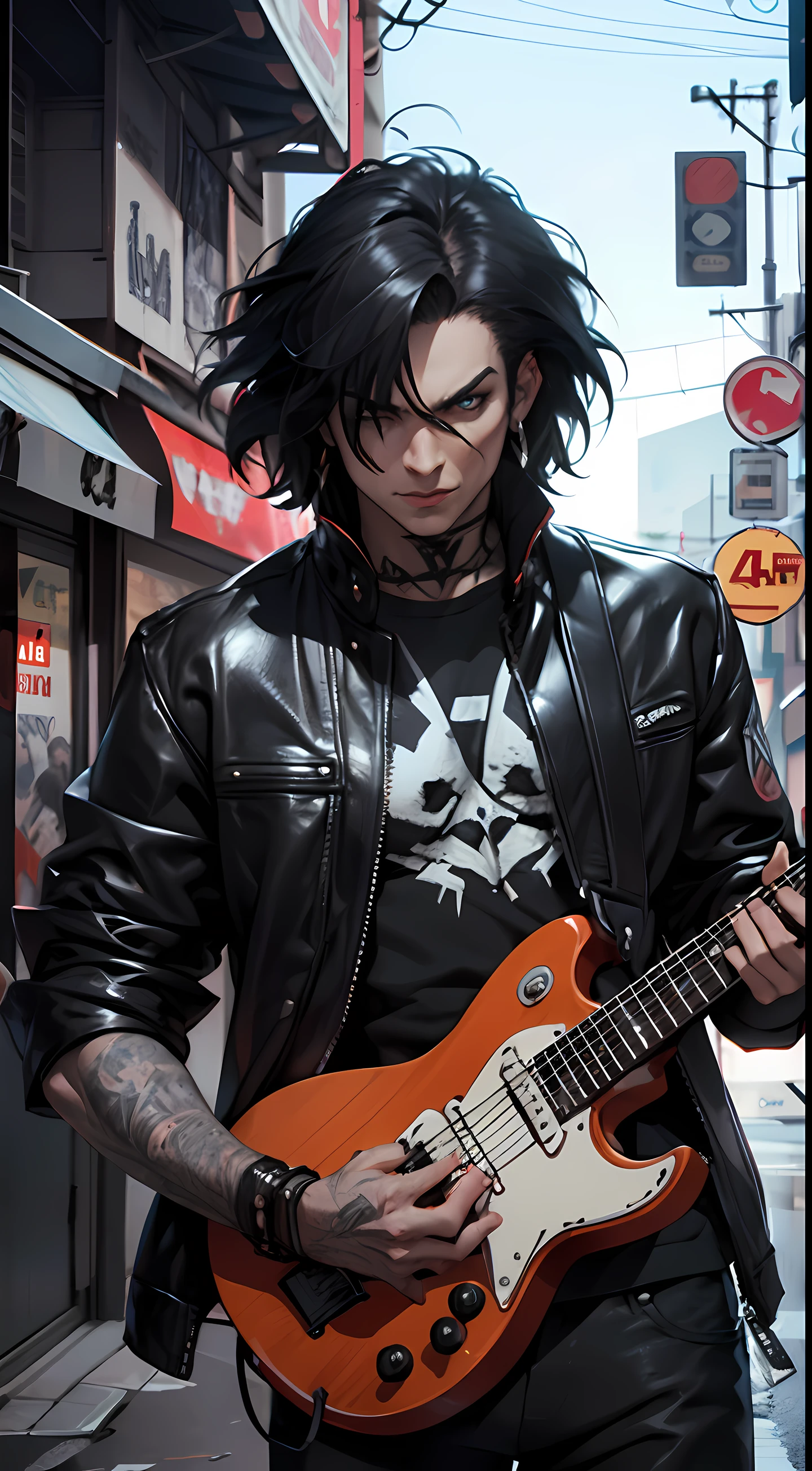 rock style, 1 Personagem para jogo de luta estilo Street Fighter, King of Fighters, Tekken, Virtua Fighter. 1Lutador homem, 1 personagem, Cicatrizes, pose de luta, roupa moderna preta, cyberpunk, cabelo longo, glam rock, hard rock, heavy metal, axel rose, gene simons, paul stanley, guitarra,  paint, rosto pintado de branco, tatuagens.