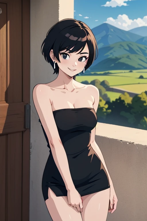 (masterpiece, best quality), 1girl, fasha, 1girl, solo, black eyes, black hair, short hair, spiked hair, earrings, black dress, strapless tube dress, bare shoulders, cowboy shot, green valley and mountains, blue skies, seductive smile