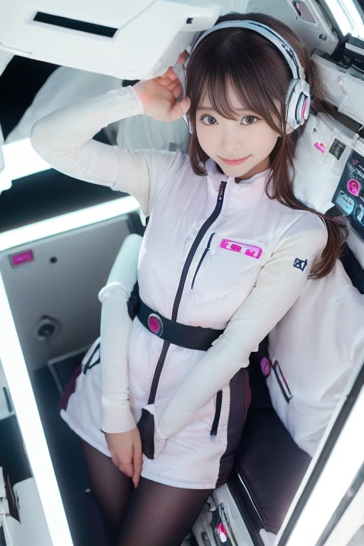 ((NSFW: 1.4)), (acrobatic pose):10,((Detailed face, Professional photography)), ((NSFW, zettai ryouiki, 1 girl)), Ultra-high resolution, (Realistic: 1.4), RAW Photos, highest quality, (PhotoRealistic Stick), concentrated, Soft Light, ((30 years old)), ((Japanese)), (( (Young Face))), (surface), (Depth of written boundary), masterpiece, (Realistic),(inside ISS):3, woman, ,astrovest:2,headphone:2,smartwatch,,bangs, ((1 girl)),(black sleeves):2,(black tights):2,inside spacestation,inside spacecraft,,zero gravity,smile,open leg,blush:1.5,hidden hands,neotech