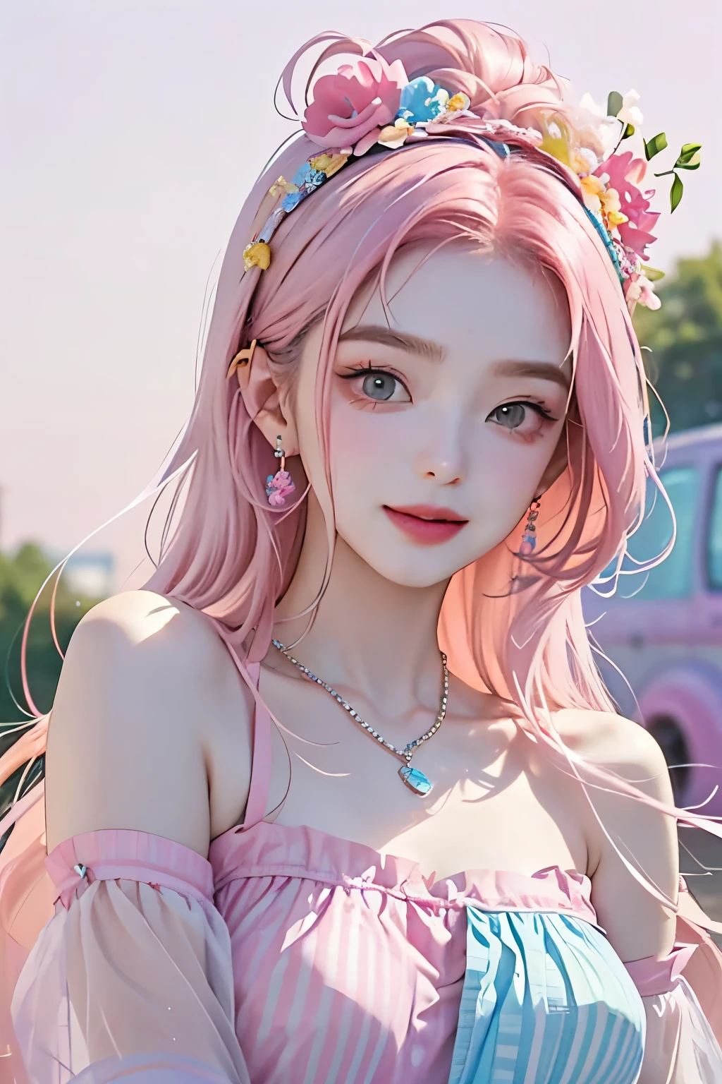 (highly detailed body、more detailed face、best quality:1.2)、not、Looking at the viewers、(Gorgeous hair color、sixteen years old、30 flowers in headdress。large shoulder length piercings、necklace、smile、blue and yellow, See-through clothes in pink and vertical stripes)、(Pink candy car flying in the background:1.4)