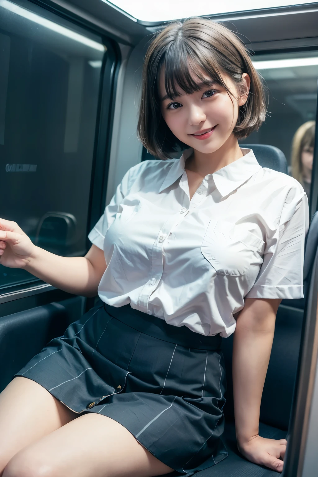 1 beautiful woman, big body, brown hair, eyelid makeup, asian girl, bangs, short hair, hair tied in a ponytail, White Button Down Blouse, tie, cleavage, Yellow plaid skirt, shoes, sleeping sitting on the bus, mouth is open , closed my eyes.