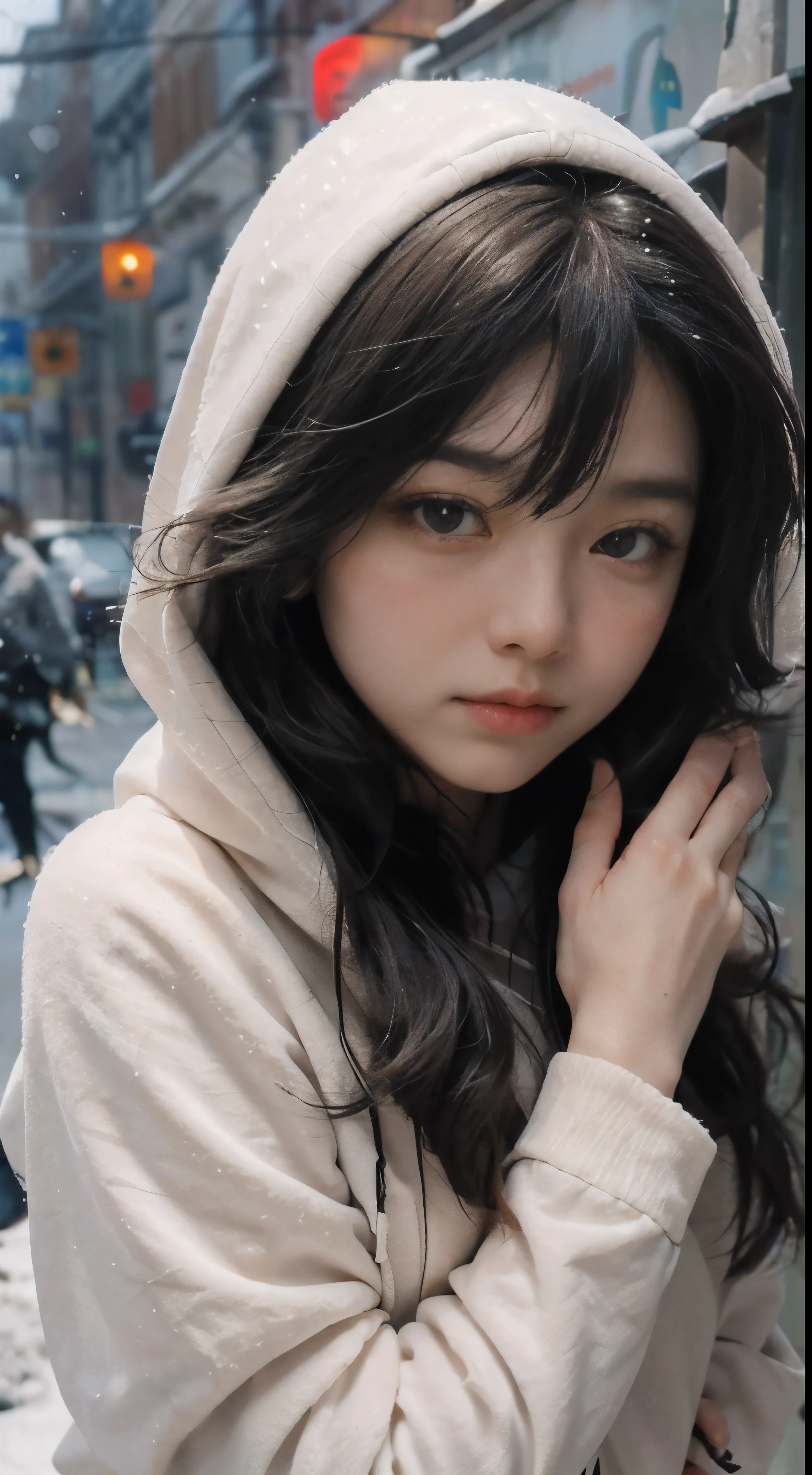 In the style of anime, A mysterious young woman in a hoodie, shivering from the cold, the setting is a silent, in street with heavy snow falling and her attire is an ornate fusion of traditional Asian culture and futuristic fantasy. Every detail of her face and costume is presented in extreme close-ups，The level of detail is extraordinary. artist: Shin