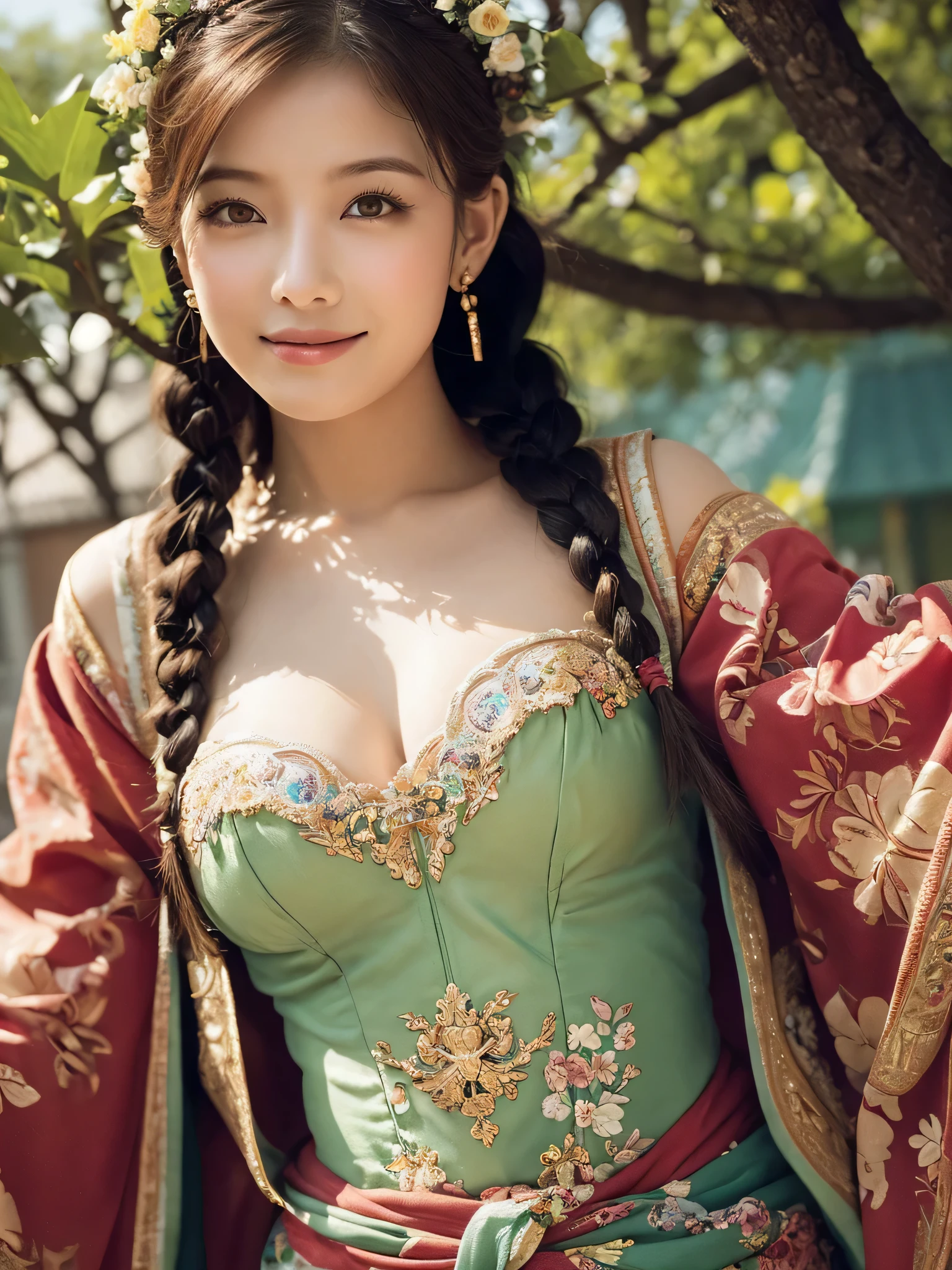High resolution symmetrical images, Japanese film photo of a woman with colorful tattoos on her waist, chest and arms, Big mouth cleavage、(((Full body tattoos)))、 Large tattoo on the chest、(Lotus tattoo)、 (((close up chest, Underarm, 胸のAngle from below))), blonde braids, short hair, ((Art Nouveau)), (Ecstasy Face), (Alphonse Mucha), Small earrings, ((on the road, wood, Buildings in medieval Europe)), Angle from below、(Anatomically correct)、(Perfect body proportions)、(Natural Hands、Natural Fingers)、(Breast Goddess, Woman born from flowers, ((Round face)), Realistic Eye Size, Droopy eyes, smile,I'm bathed in dazzling light