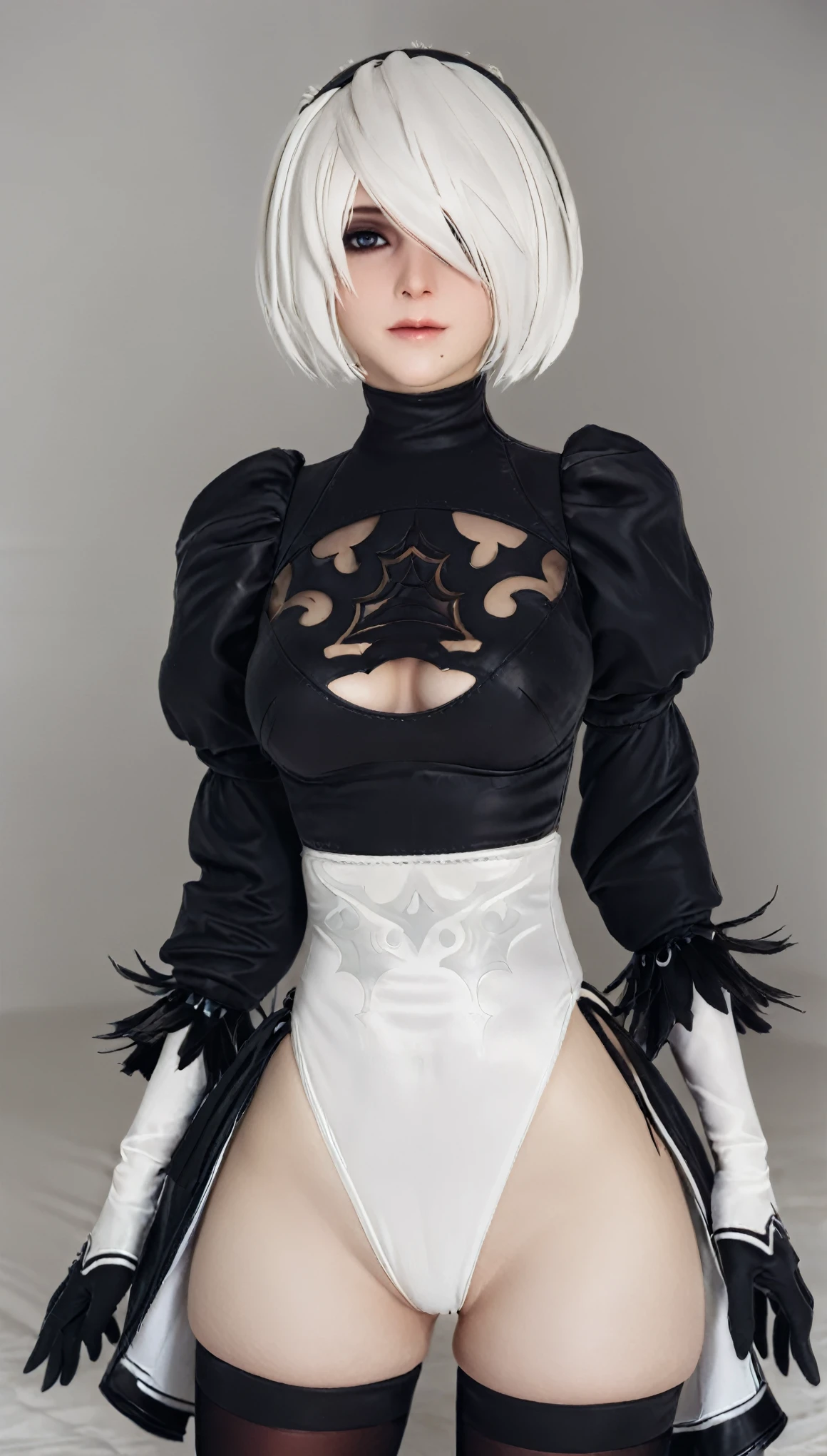 nier:Beautiful cosplay of 2B from Automata、2B、A woman cosplaying as 2B、White skin、tall、Great style、Big Breasts、Small face、High nose、Sharp Eye、Beautiful Face、Beautiful face、30 years old、British women、Half British、nier:2B's black costume from Automata、Light background、Blur the background、Fantasyな都市を背景に、Standing in a cool pose、Shooting from a diagonal angle、masterpiece、highest quality、high resolution、Cosplayer Photos、Professional Photos、Fantasy、Glaring at the camera、Cosplay makeup style、Real Cosplay Photo、Cool and beautiful photos、Portrait、Wrapped in a pale white glow、like、happiness、Kindness