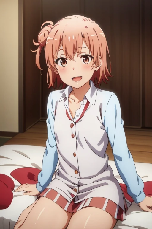 ((highest quality)), ((masterpiece)), (be familiar with), Perfect Face, indoor, Bedroom, Watching the audience,
One woman, Yuigahama Yui,
Open Mouth, Ecstatic expression, blush, smile,
Small breasts, Flat Chest, Young Girl, , , Girl,
Short Hair, Salmon-colored hair, Salmon-colored eyes, Side Pony,
Leg spread,