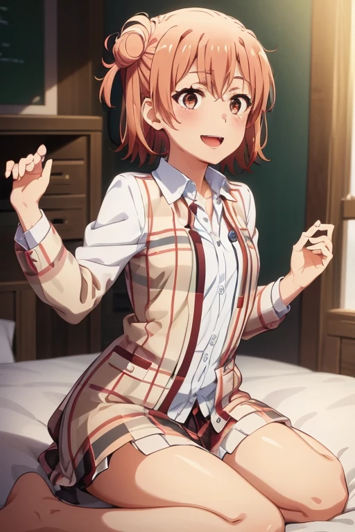 ((highest quality)), ((masterpiece)), (be familiar with), Perfect Face, indoor, Bedroom, Watching the audience,
One woman, Yuigahama Yui,
Open Mouth, Ecstatic expression, blush, smile,
Small breasts, Flat Chest, Young Girl, , , Girl,
Short Hair, Salmon-colored hair, Salmon-colored eyes, Side Pony,
Leg spread,