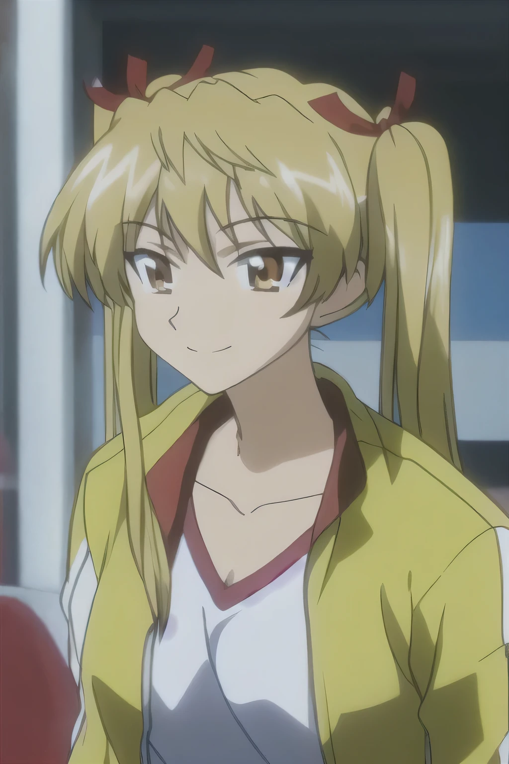 different, One girl, length_hair, chest, Looking_in_Audience, smile, Front hair, blonde_hair, shirt, ribbon, Twin tails, Brown_eye, Chest cleavage, clavicle, Jacket, hair_ribbon, yellow_eye, white_shirt, upper_body, Open_Clothes, one person in_concentrated, Open_Jacket, orange_eye, Gym_uniform, Tracking_Jacket