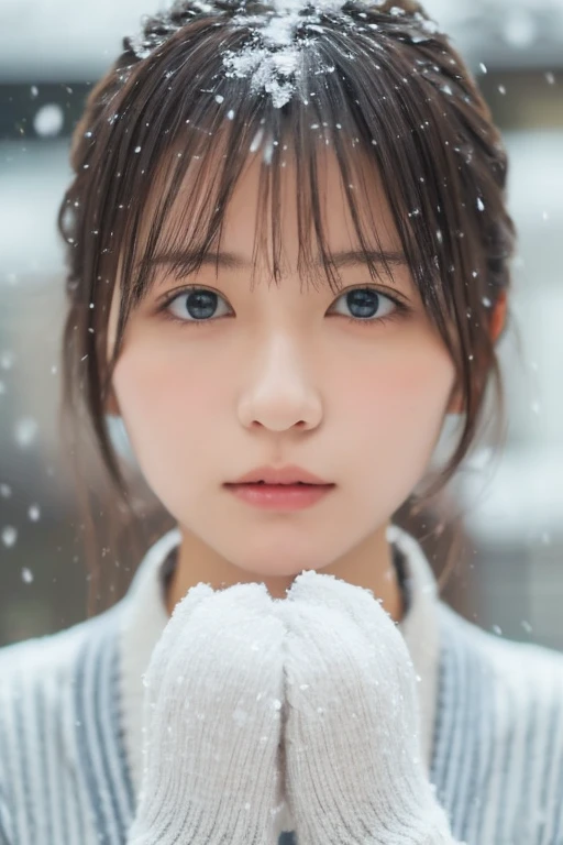 one girl, (a beauty girl, delicate girl:1.3), (14 years old:1.3),
break, (winter , Cute Uniform:1.3),
break, (Street view:1.3), (it&#39;s snowing:1.3), (wool gloves), perfectly trimmed fingers,
break, Very fine grain definition, (Symmetrical eyes:1.3),
break, Small breasts, Brown eyes, Parted bangs, Brown Hair,  girl,
break, (Eyes and facial details:1.0), (Get closer to the face, Zoom in on face, Face Focus:1.0),
break, (masterpiece, highest quality, Super detailed, Detailed face, 8k)