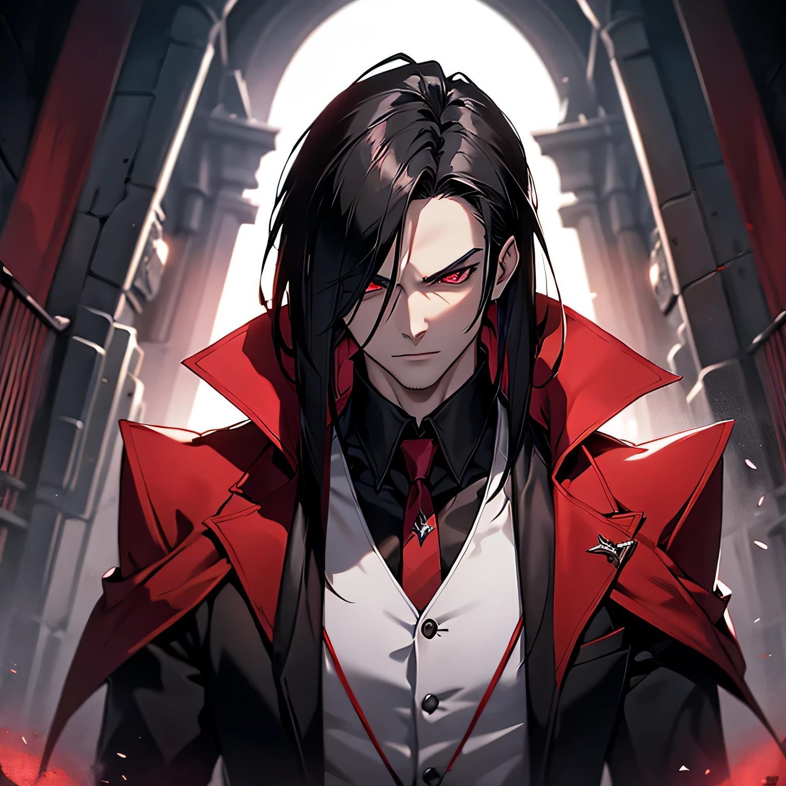 1 guy" + "Vampire" + "Pale complexion" + "Sleek jet-black hair" + "Intense crimson eyes" + "Dressed in dark, elegant attire" + "Commanding presence")