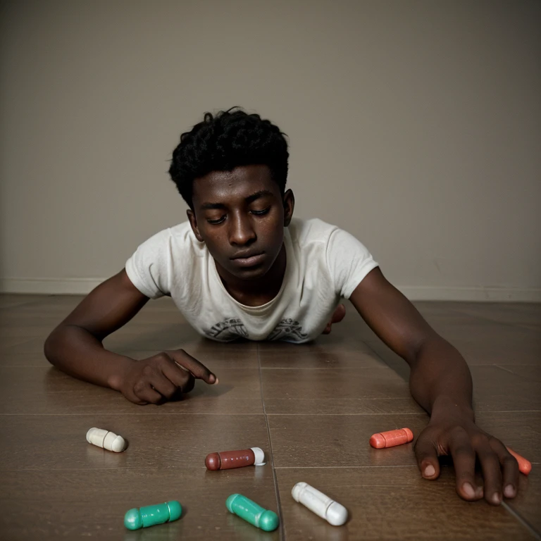 Dark-skinned 20-year-old boy lying on the floor covered in pills