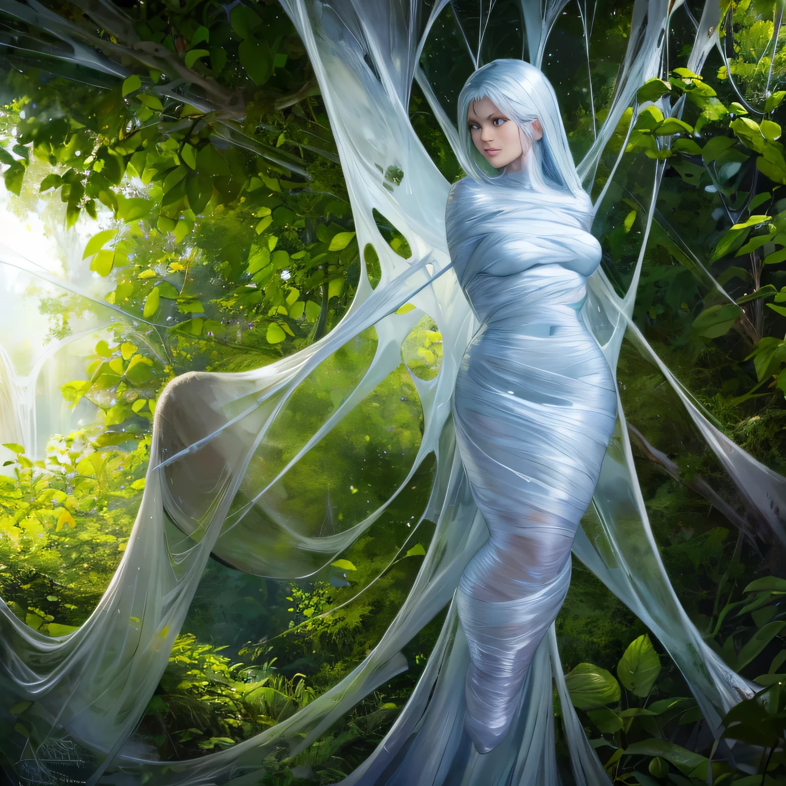 (a) fairy, beautiful,detailed wings, detailed dress, detailed face, (highres:1.2), (realistic:1.37)
medium: oil painting
(a) girl, trapped, hanging, (best quality, 8k, highres:1.2), (realistic, photo-realistic: 1.37)
spider web, dense, delicate, intricate
(garden) plants, flowers, vibrant colors
(light) soft, ethereal, sunlight filtering through the trees
(d) cobweb, sticky strands, shimmering
(cocoon) silk, translucent, wrapped tightly