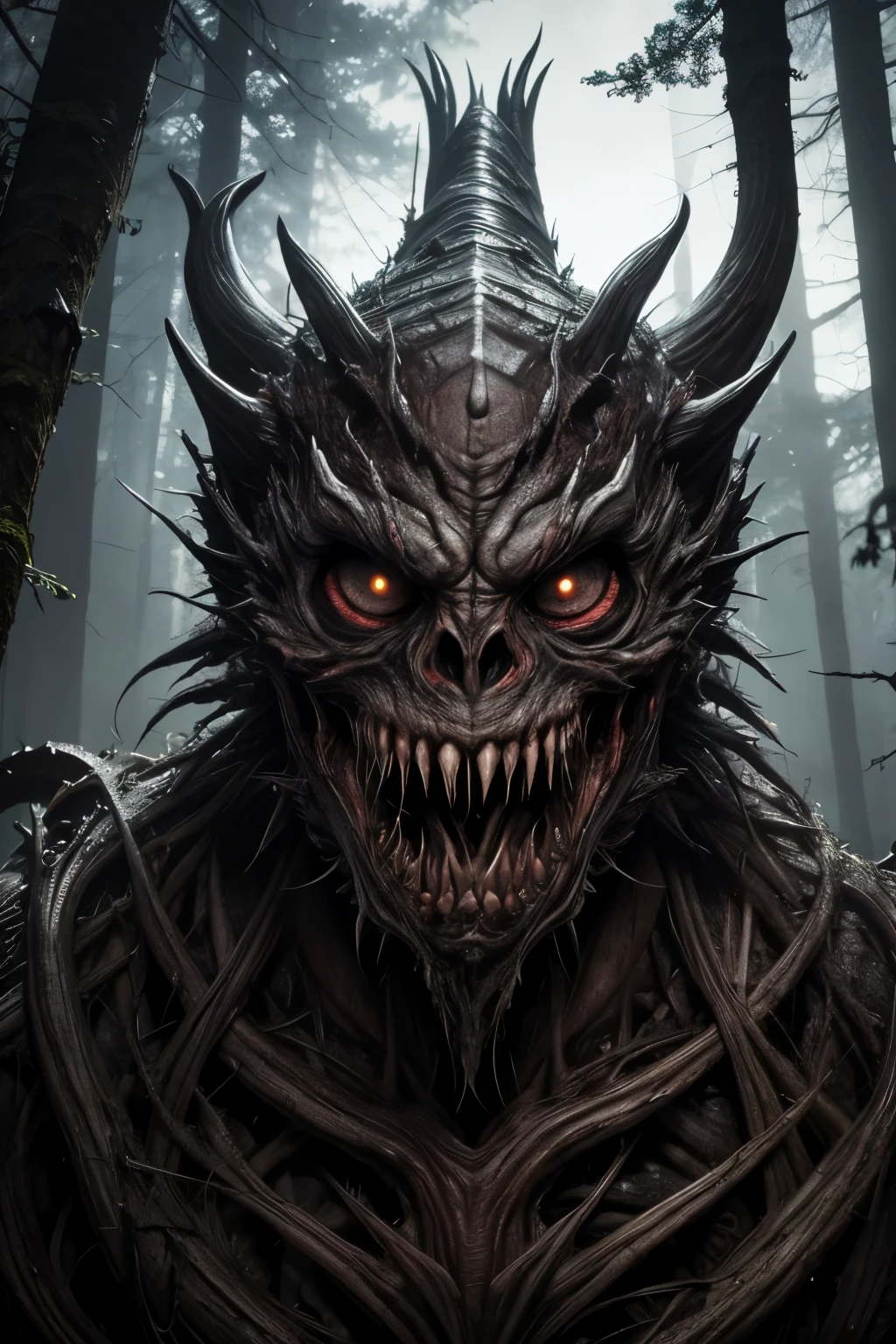RAW, Maximum detail, High quality: 1.3), Horrifying creature, Flesh-tearing beast, Terrifying face, Large fearsome teeth, Sinister, Fear, Detailed maximum, High quality, In the forest, Dark and fearful night, Detailed and maximum, Fear, Terror, Dark and ominous,
A high quality, maximum detail rendering of a horrifying creature from the depths of the forest. The beast's carnificina corpo is covered in grotesque details, every ripple and wrinkle accounted for in this terrifying masterpiece. Its horrifying face is a study in fear, with large, fearsome