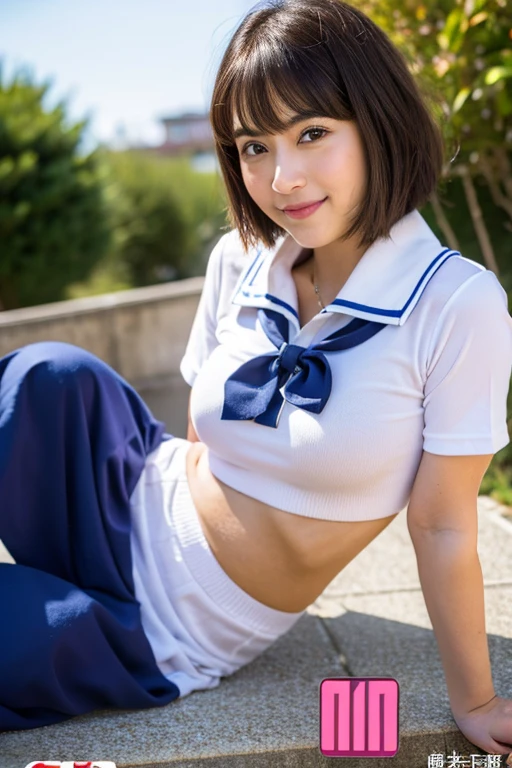  One Girl:1.5,Fair skin,Shyness,high 、Sexy pose、Highest quality, shape, Very detailed, finely, High resolution, 8k wallpaper, Beautiful and exquisite,  Natural Lip, whole body, Navel exposure, front,((bangs))、University Vegetable Garden、(((Sailor suit))),Brown Hair、(Thighs)、The correct five fingers、Looking into the camera,(Masami Nagasawa:1.5),slim,(Small face),((Nipples are visible))