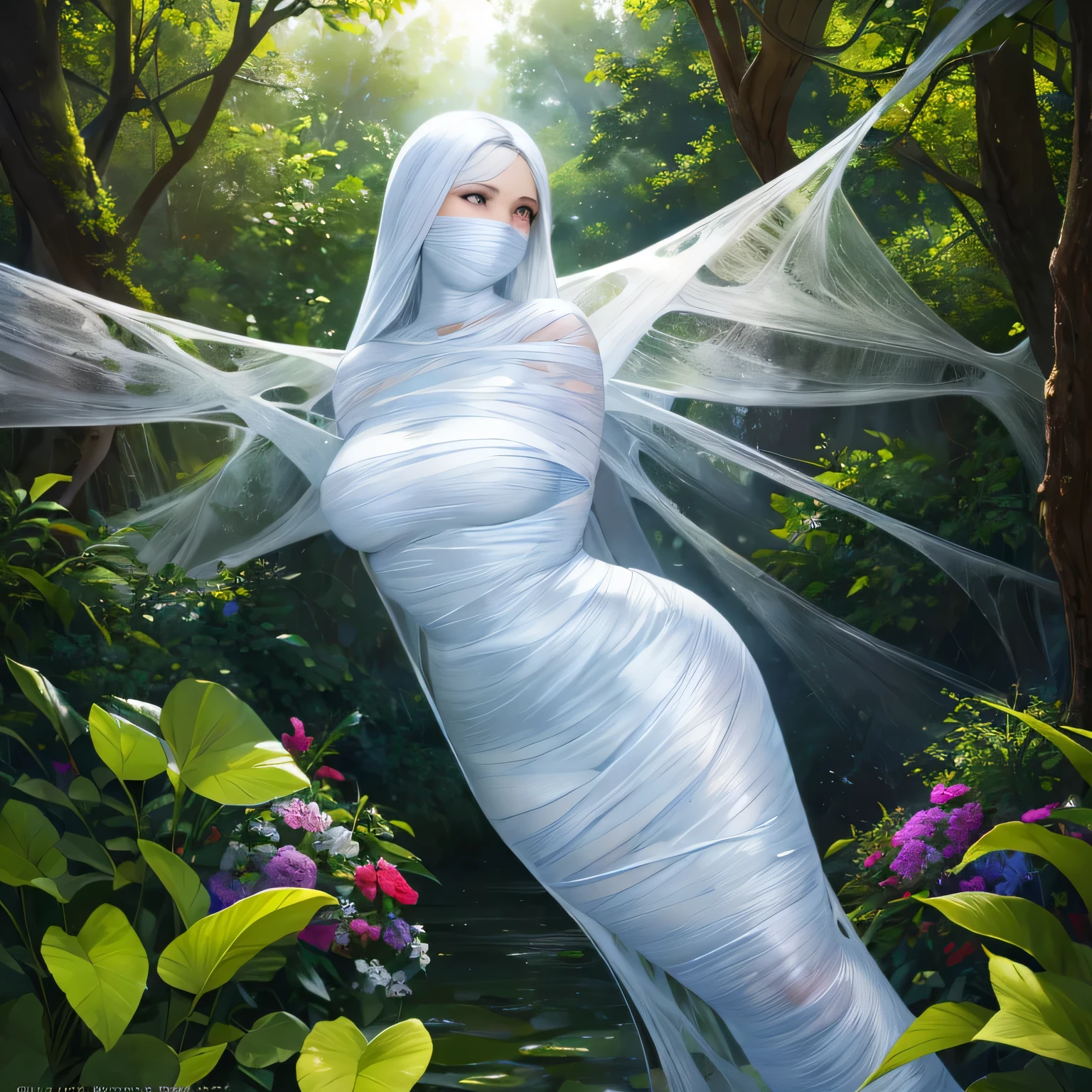 (a) fairy, beautiful,detailed wings, detailed dress, detailed face, (highres:1.2), (realistic:1.37)
medium: oil painting
(a) girl, trapped, hanging, (best quality, 8k, highres:1.2), (realistic, photo-realistic: 1.37)
spider web, dense, delicate, intricate
(garden) plants, flowers, vibrant colors
(light) soft, ethereal, sunlight filtering through the trees
(d) cobweb, sticky strands, shimmering
(cocoon) silk, translucent, wrapped tightly