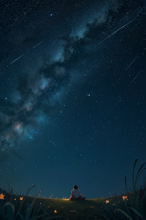 CRIE UMA FOTO EM ESTILO DESENHO, LOOKING AT THE STARRY SKY, DEITADO NA GRAMA, point of view looking at the starry sky, DETAILED SKY FULL OF STARS, DEITADO EM UM CAMPO, looking up at the night sky, (IMAGEM DE ALTA QUALIDADE), (Melhor qualidade) (Obra de arte)