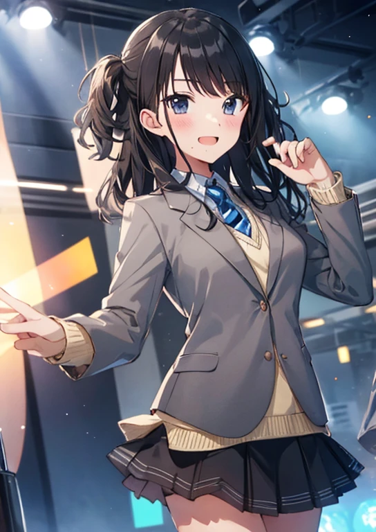   (Idol Master), (highest quality, 8k, masterpiece, Very detailed:1.2), (Lens flare, Particles of light, Shine), Big Breasts, smile, Open your mouth, masterpiece, highest quality, Very detailed, High resolution, Very detailedなCG, , Light blue tie, blazer, Grey jacket, Long sleeve, Check skirt, Black Skirt , Embarrassing:1.1), (blush:1.2),  Open your mouth, (shout:1.1), (Move a line:1.1), masterpiece, highest quality, Very detailed, High resolution, Very detailedなCG, Official Art