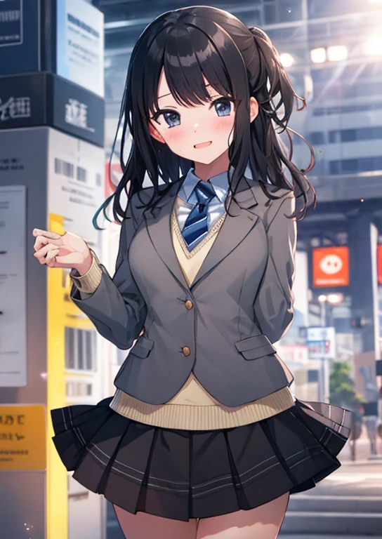   (Idol Master), (highest quality, 8k, masterpiece, Very detailed:1.2), (Lens flare, Particles of light, Shine), Big Breasts, smile, Open your mouth, masterpiece, highest quality, Very detailed, High resolution, Very detailedなCG, , Light blue tie, blazer, Grey jacket, Long sleeve, Check skirt, Black Skirt , Embarrassing:1.1), (blush:1.2),  Open your mouth, (shout:1.1), (Move a line:1.1), masterpiece, highest quality, Very detailed, High resolution, Very detailedなCG, Official Art