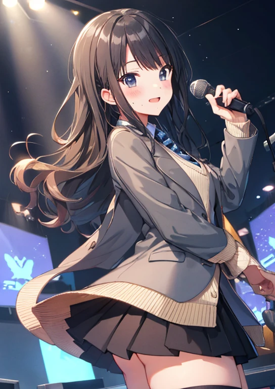   (Idol Master), (highest quality, 8k, masterpiece, Very detailed:1.2), (Lens flare, Particles of light, Shine), Big Breasts, smile, Open your mouth, masterpiece, highest quality, Very detailed, High resolution, Very detailedなCG, , Light blue tie, blazer, Grey jacket, Long sleeve, Check skirt, Black Skirt , Embarrassing:1.1), (blush:1.2),  Open your mouth, (shout:1.1), (Move a line:1.1), masterpiece, highest quality, Very detailed, High resolution, Very detailedなCG, Official Art