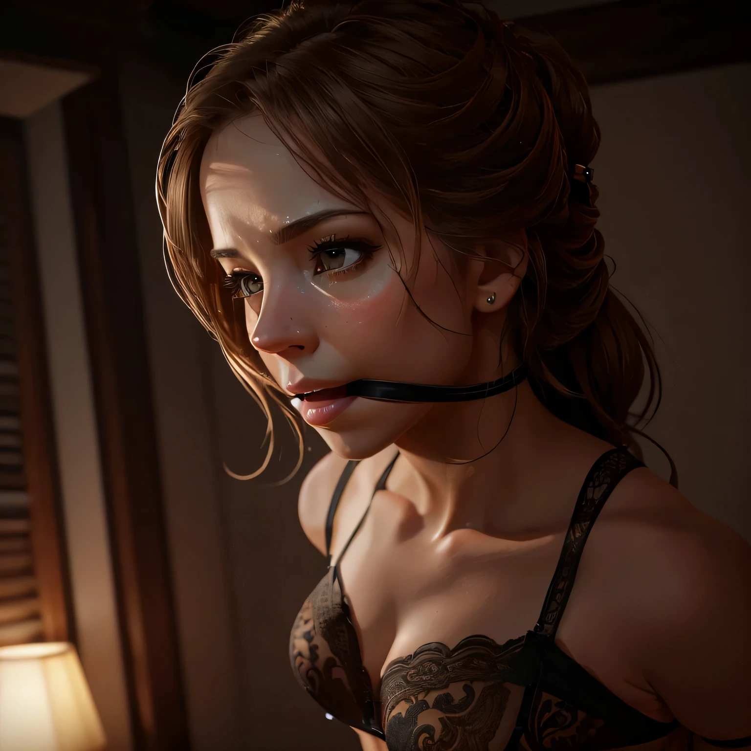 (best quality,4k,8k,highres,masterpiece:1.2),ultra-detailed,(realistic,photorealistic,photo-realistic:1.37),HDR,UHD,studio lighting,ultra-fine painting,sharp focus,physically-based rendering,extreme detail description,professional,vivid colors,bokeh,portraits
A beautiful woman stands in the center of the picture, her hands tied behind her back with a rope. She is bound and gagged, with a red gag covering her mouth, preventing her from speaking. Her face shows a mixture of fear and determination.
The woman is wearing a sheer skirt that gently flows around her legs, adding an ethereal quality to the image. The skirt is made of a translucent gr3ysh33r material, which adds a touch of mystery and sensuality to the scene.
The picture showcases the best quality and attention to detail, with every intricate aspect of the woman's face and attire beautifully rendered. The colors are vivid and lifelike, with the HDR effects enhancing the overall realism of the image.
The lighting in the picture is carefully crafted to create dramatic shadows and highlights, accentuating the contours of the woman's face and body. The studio lighting setup adds depth and dimension to the scene, giving it a professional and polished look.
The portrait style of the image focuses on capturing the essence and emotions of the woman, conveying her vulnerability, strength, and perhaps a hint of defiance. The sharp focus brings out the fine details, such as the strands of her hair and the delicate features of her face.
Overall, this artwork is a masterpiece that combines beauty, sensuality, and a touch of mystery. It is a high-resolution depiction that showcases the talent and skill of the artist, creating an ultra-detailed and visually stunning image.
Note: Please remember that the generated Stable Diffusion prompt does not include any explanations or translations. The prompt should only consist of English tags describing the artwork in detail.