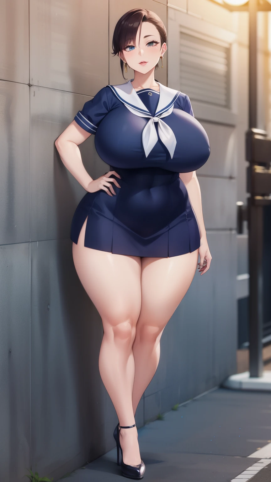 Big Breasts, Big Hips, Full Body Shot, Mature mother, Voluptuous thighs, Whole calf, Seductive mature woman, Perfect body, Plus Size Model, Sailor suit, Wearing high heels,Miniskirt Uniform, 