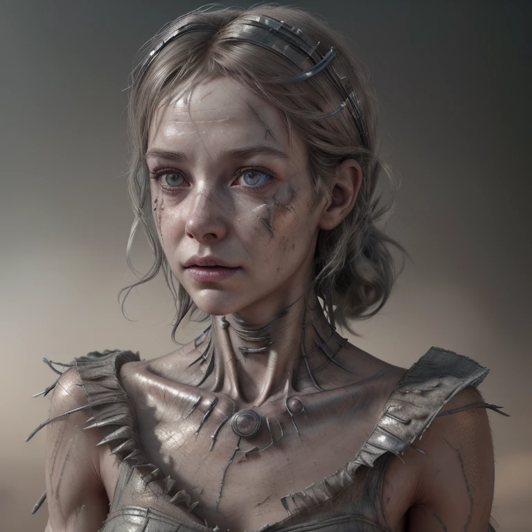 A human wit highly detailed girl head,detailed collarbone, dusty and foggy, cinderella, dystopian, octane render,UHD, retina, masterpiece, ccurate, anatomically correct, textured skin, super detail, high quality, best quality, highres, 16k