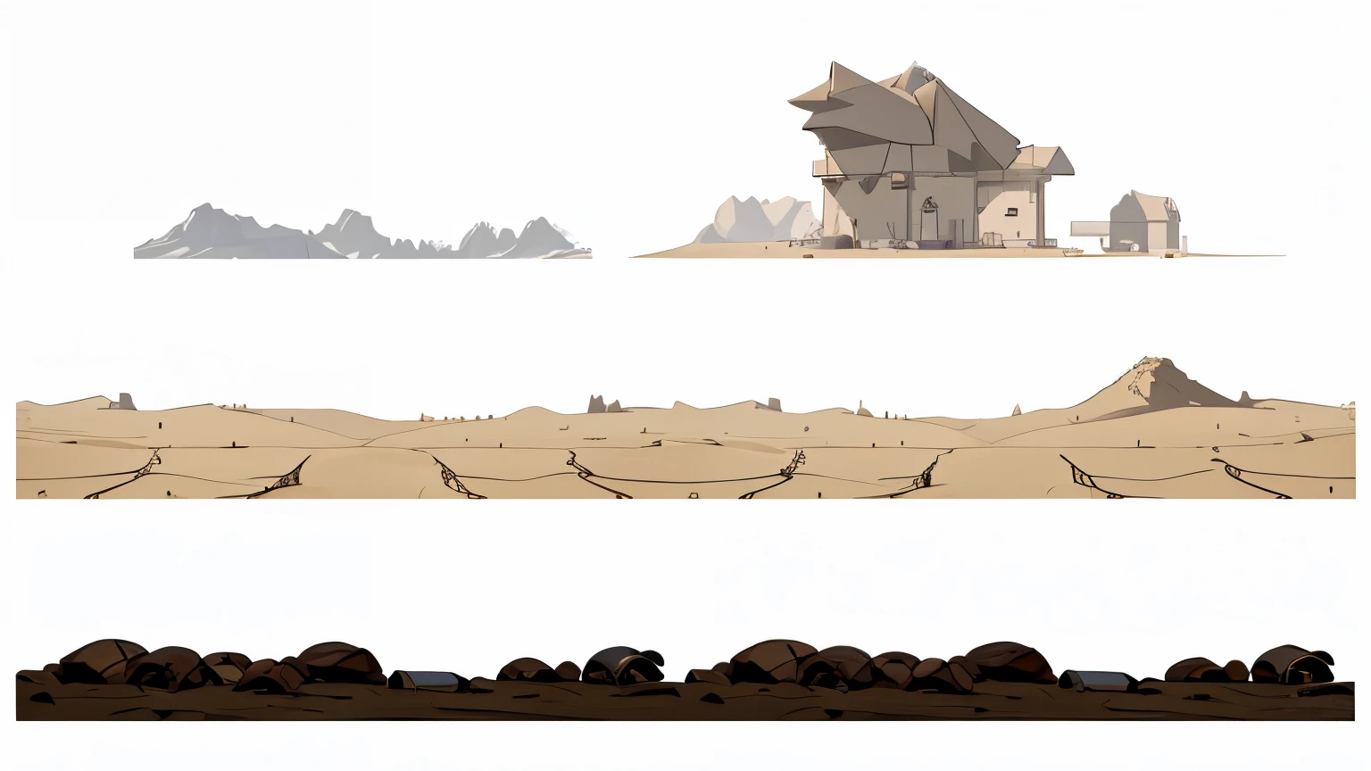 there are two different views of a desert with a house in the distance, sand and desert environment, desert environment, Arte conceitual de design de jogos, arte conceitual do jogo, Arte conceitual 2D, scenery arte conceitual do jogo, artes conceituais, arte conceitual altamente detalhada, Deserto Deserto, design de ambiente de jogo 2 d, arte conceitual para um videogame, arte conceitual de arestas duras