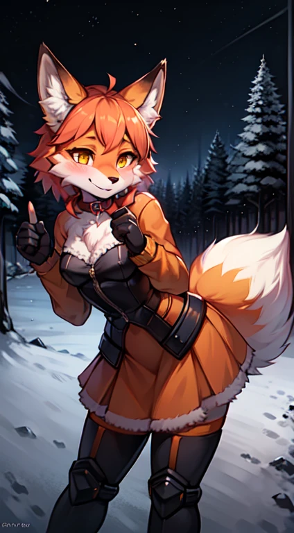 Alice, solo, 1 girl, animal ears, fox face, detailed muzzle, In detail, detailed eyes, Beautiful muzzle, color: red, orange, female focus, 1 fox tail, red tail of the best quality, exteriors, fur collar, orange skirt with fur trim, Joyful face, detailed background, black gloves, cyber punk armor, female suit mech, power armor, Technological, modern clothes, cyber punk clothes, Mechanical clothing, fluffy, orange clothing with fur trim, orange sleeves with fur trim, orange fur coat with fur trim, Best quality fox ears., 1 girl, solo, focus photo, blush, I look at the viewer, winter, night, nightfall, snowfall, snowflakes, detailed yellow eyes, Detailed beautiful yellow eyes, In detailе лицо, detailed hands and fingers, High-quality hands and fingers, Ideal body anatomy, Perfect posture, Ideal hand anatomy, Perfect finger anatomy, thin waist, winter boots, long skirt, Best quality, In detail ,high resolution illustration, Cute, sly smile, blush, Vulgar girl, Thin, soft, beautiful and detailed portrait, 8K, HDR, Excellent quality, very detailed, Detailed fur, ((correct tail position)), beautiful girl, In a snow-covered dark forest, among the trees, Winter forest landscape, eye for detail, cinema lighting, cyberpunk building on background.