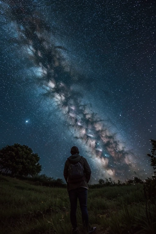 CRIE UMA FOTO EM ((PRIMEIRA PESSOA)) ESTILO DESENHO, LOOKING AT THE STARRY SKY, DEITADO NA GRAMA, point of view looking at the starry sky, DETAILED SKY FULL OF STARS, DEITADO EM UM CAMPO, looking up at the night sky, (IMAGEM DE ALTA QUALIDADE), (Melhor qualidade) (Obra de arte)