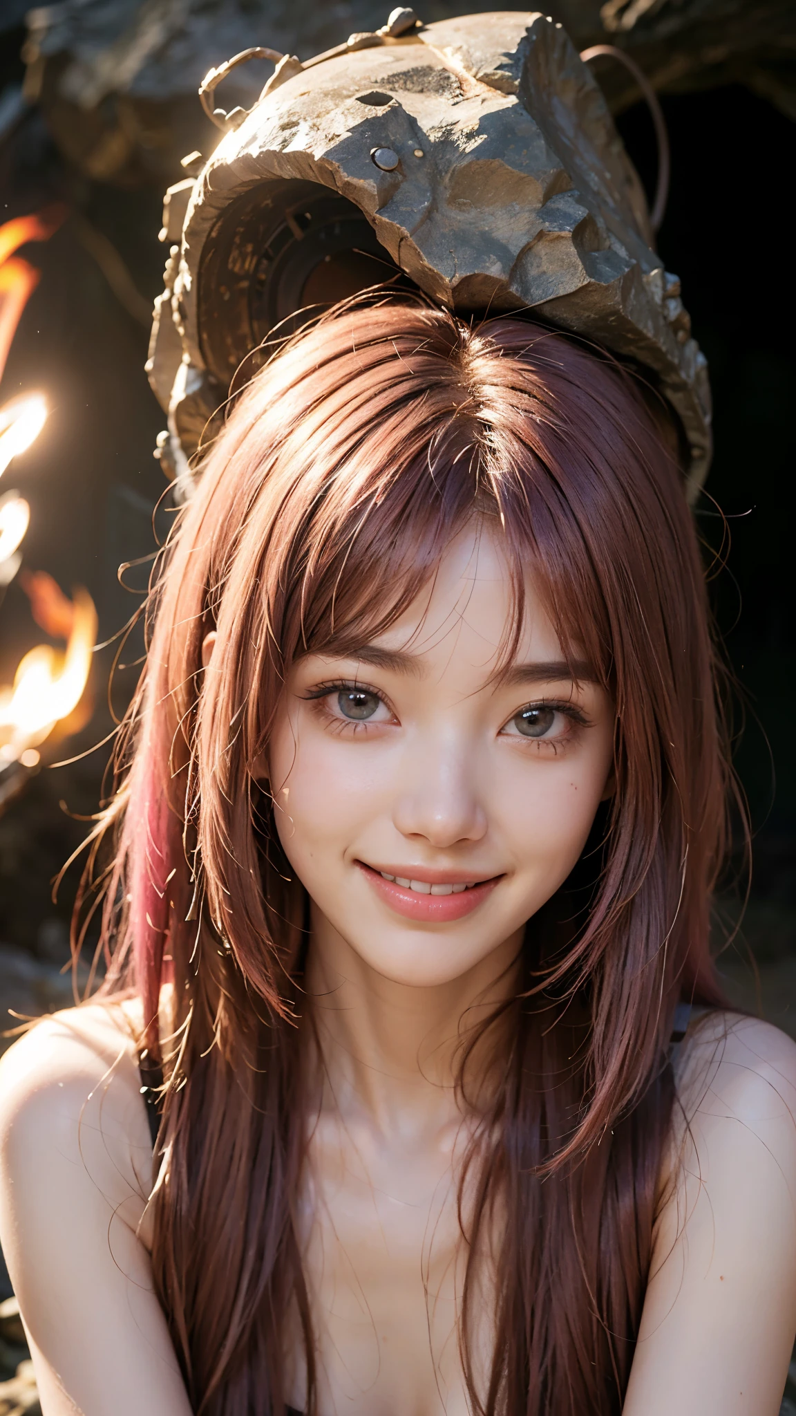 highest quality, masterpiece, Ultra-high resolution, (Realistic:1.4), (Close-up portrait) RAW Photos, 1 girl,20-year-old,Exploration wear with connected top and bottom,((Cave)),(mud stains on the face),((Helmet)),((Headlight)),((torch持って)),((Cave exploration)),,((Passionate pink haired girl&#39;Makeup)),((torch)),((smooth and straight hair)),((Cap Chestnut)),((Short bangs)),Realistic,Picture Media Chest)),((Smiling with teeth showing)),((Big smile))