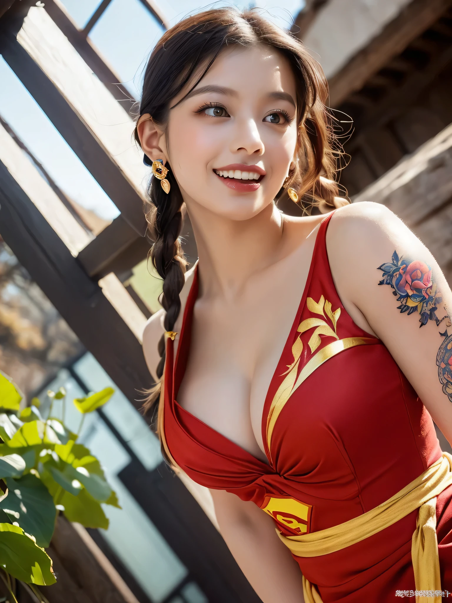 (((Superwoman Cosplay)))、High resolution symmetrical images,    Japanese film photo of a woman with colorful tattoos on her waist, chest and arms,  Big mouth cleavage、(((Full body tattoos)))、 Large tattoo on the chest、(Lotus tattoo)、 (((close up chest, Underarm, 胸のAngle from below))), blonde braids, short hair, ((Art Nouveau)), (Ecstasy Face), (Alphonse Mucha), Small earrings, ((on the road, wood, Buildings in medieval Europe)), Angle from below、(Anatomically correct)、（Perfect body proportions)、(Natural Hands、Natural Fingers)、(Breast Goddess, Woman born from flowers, ((Round face)), Realistic Eye Size, Droopy eyes, smile,I&#39;m bathed in dazzling light
