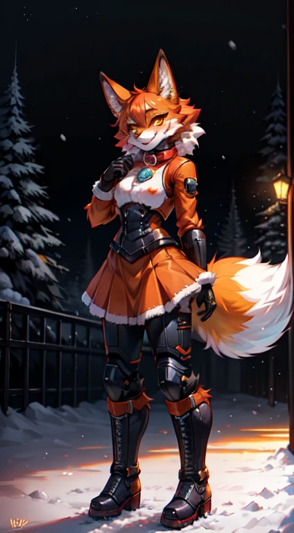 Alice, solo, 1 girl, animal ears, fox face, detailed muzzle, In detail, detailed eyes, Beautiful muzzle, color: red, orange, female focus, 1 fox tail, red tail of the best quality, exteriors, fur collar, orange skirt with fur trim, Joyful face, detailed background, black gloves, cyber punk armor, female suit mech, power armor, Technological, modern clothes, cyber punk clothes, Mechanical clothing, fluffy, orange clothing with fur trim, orange sleeves with fur trim, orange fur coat with fur trim, Best quality fox ears., 1 girl, solo, focus photo, blush, I look at the viewer, winter, night, nightfall, snowfall, snowflakes, detailed yellow eyes, Detailed beautiful yellow eyes, In detailе лицо, detailed hands and fingers, High-quality hands and fingers, Ideal body anatomy, Perfect posture, Ideal hand anatomy, Perfect finger anatomy, thin waist, winter boots, long skirt, Best quality, In detail ,high resolution illustration, Cute, sly smile, blush, Vulgar girl, Thin, soft, beautiful and detailed portrait, 8K, HDR, Excellent quality, very detailed, Detailed fur, ((correct tail position)), beautiful girl, In a snow-covered dark forest, among the trees, Winter forest landscape, eye for detail, cinema lighting, cyberpunk building on background.