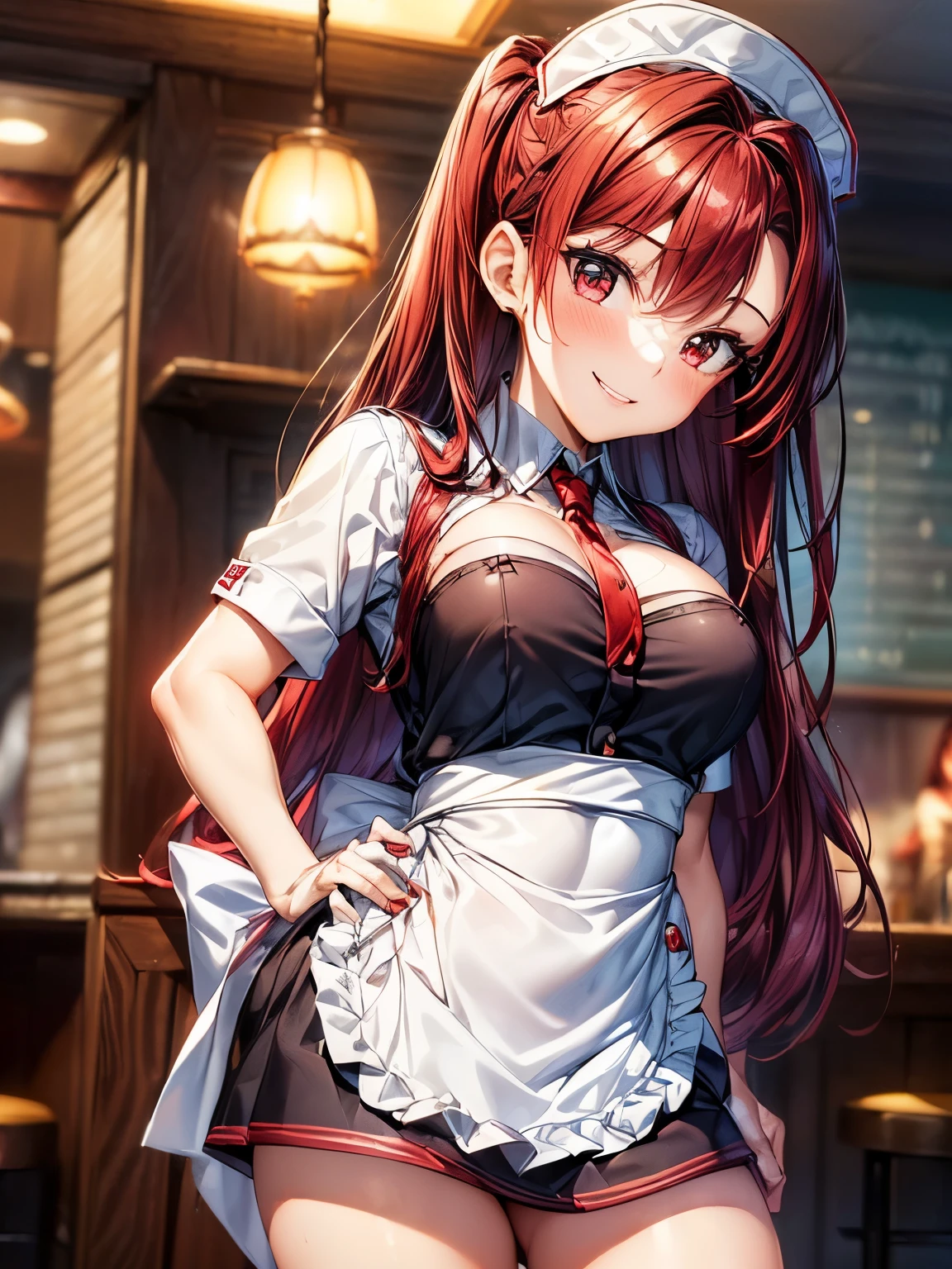 highest quality、Nice sexy body、One Woman、(solo)、((Beautiful busty woman:1.6))、(((Woman with dark red hair:1.3)))、Long hair woman、(((A woman in a waitress uniform:1.3)))、smile