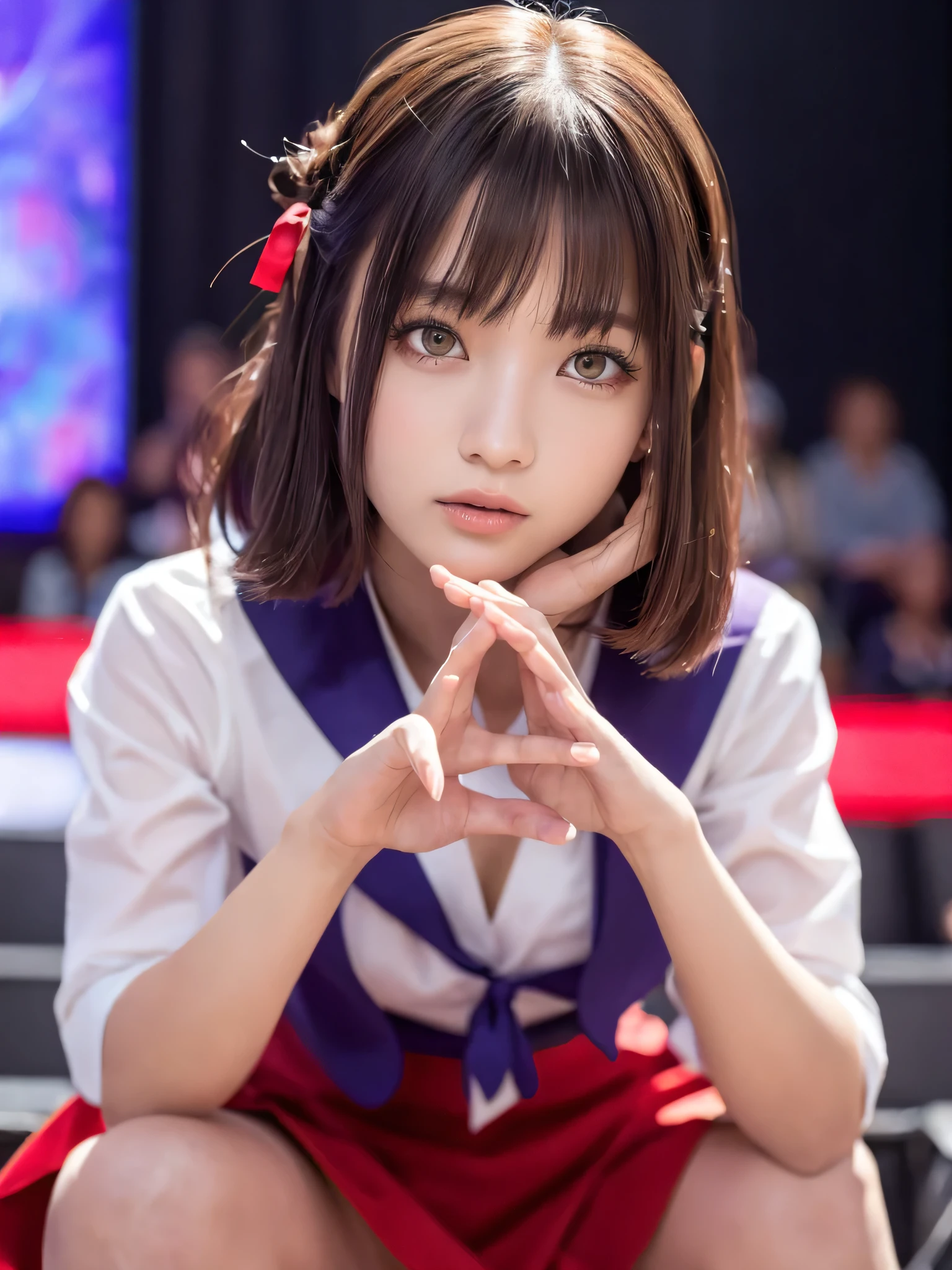 White base with purple-red sailor suit、Tulle skirt、20-year-old, Performing on an empty stage, Cute Core、(Bob Hair)、(((Watching the audience)))、Ribbon on head、(Natural and detailed face standing、beautiful and detailed eyes、beautiful and dense lips、very detailed eyes、Detailed face、Long eyelashes)(8k resolution)、High resolution、masterpiece:1.2 )、Super detailed、(Real、Photorealistic、Photorealistic: 1.37)、8K、Fantastic lighting、Bright colors、Sitting posture、Bold leg spread、(Anatomically correct)、(Perfect body proportions)、(Natural Hands、Natural Fingers)